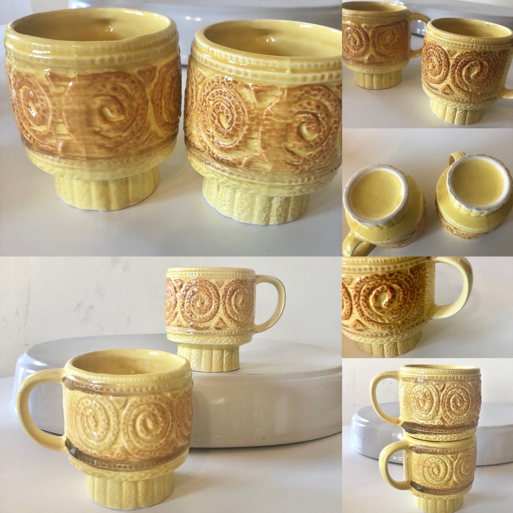 SOLD Set of 8 stackable colorful Aztec mugs 60s style - Picture 3 of 12